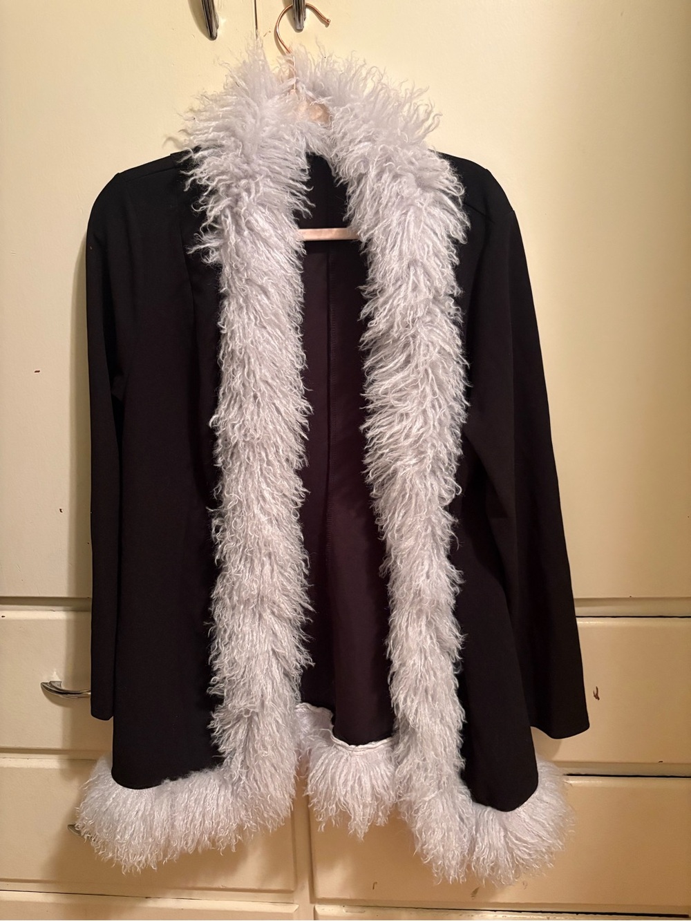 Black Sweater Cardigan with White Faux-Fur Trim